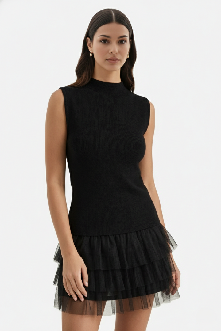 Womens Mini Cocktail Dress Sleeveless High Neck Fitted Tulle - Clovrio