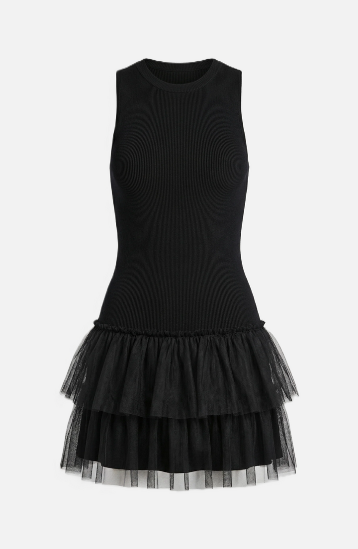 Womens Mini Cocktail Dress Sleeveless High Neck Fitted Tulle