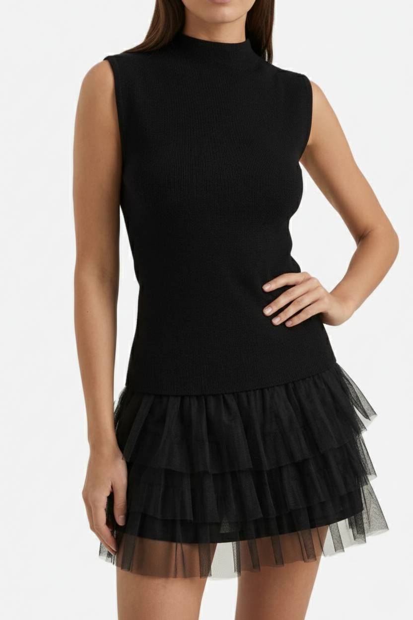 Womens Mini Cocktail Dress Sleeveless High Neck Fitted Tulle