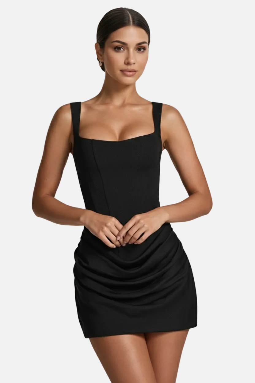 Womens Bodycon Mini Dress Square Neck Ruched Draped Skirt