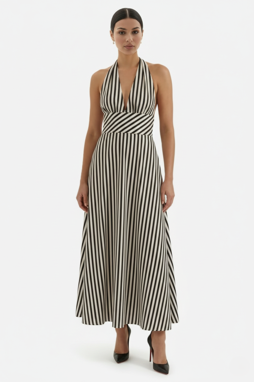 Womens Maxi Dress Halter Neck Striped Open Back - Clovrio