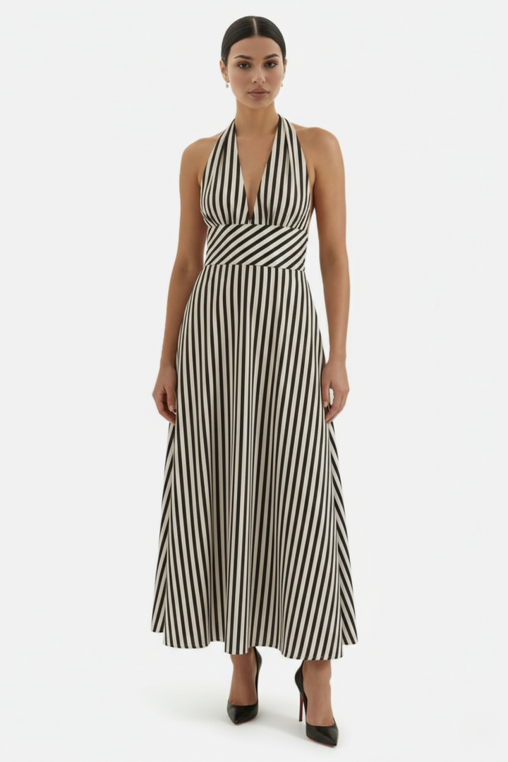 Womens Maxi Dress Halter Neck Striped Open Back - Clovrio