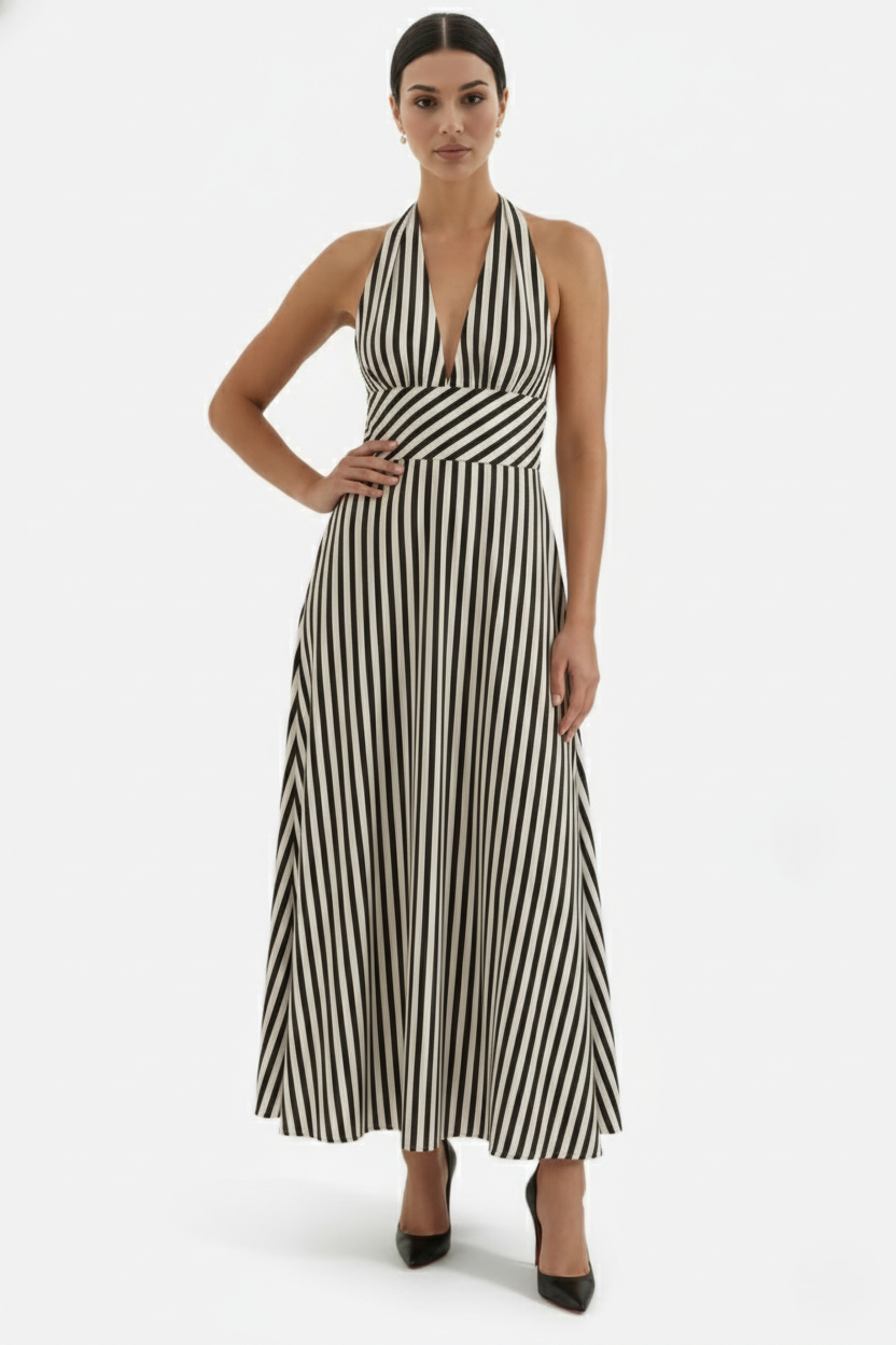 Womens Maxi Dress Halter Neck Striped Open Back