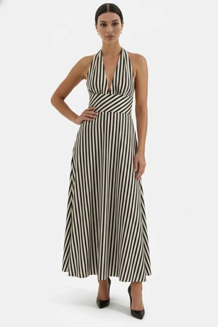 Womens Maxi Dress Halter Neck Striped Open Back