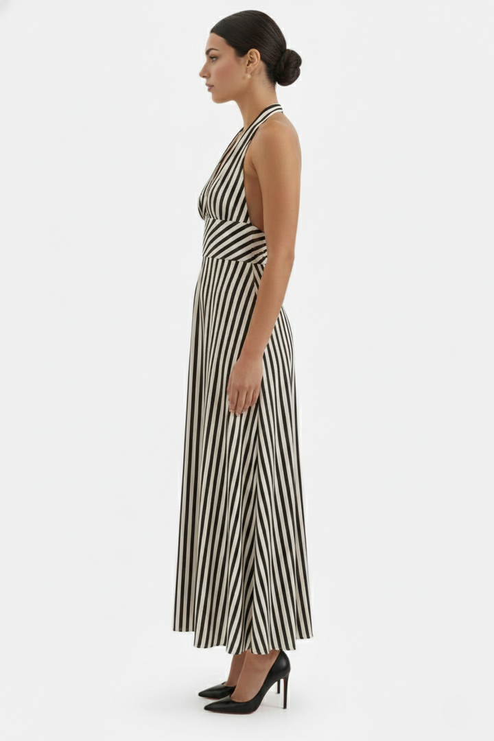 Womens Maxi Dress Halter Neck Striped Open Back
