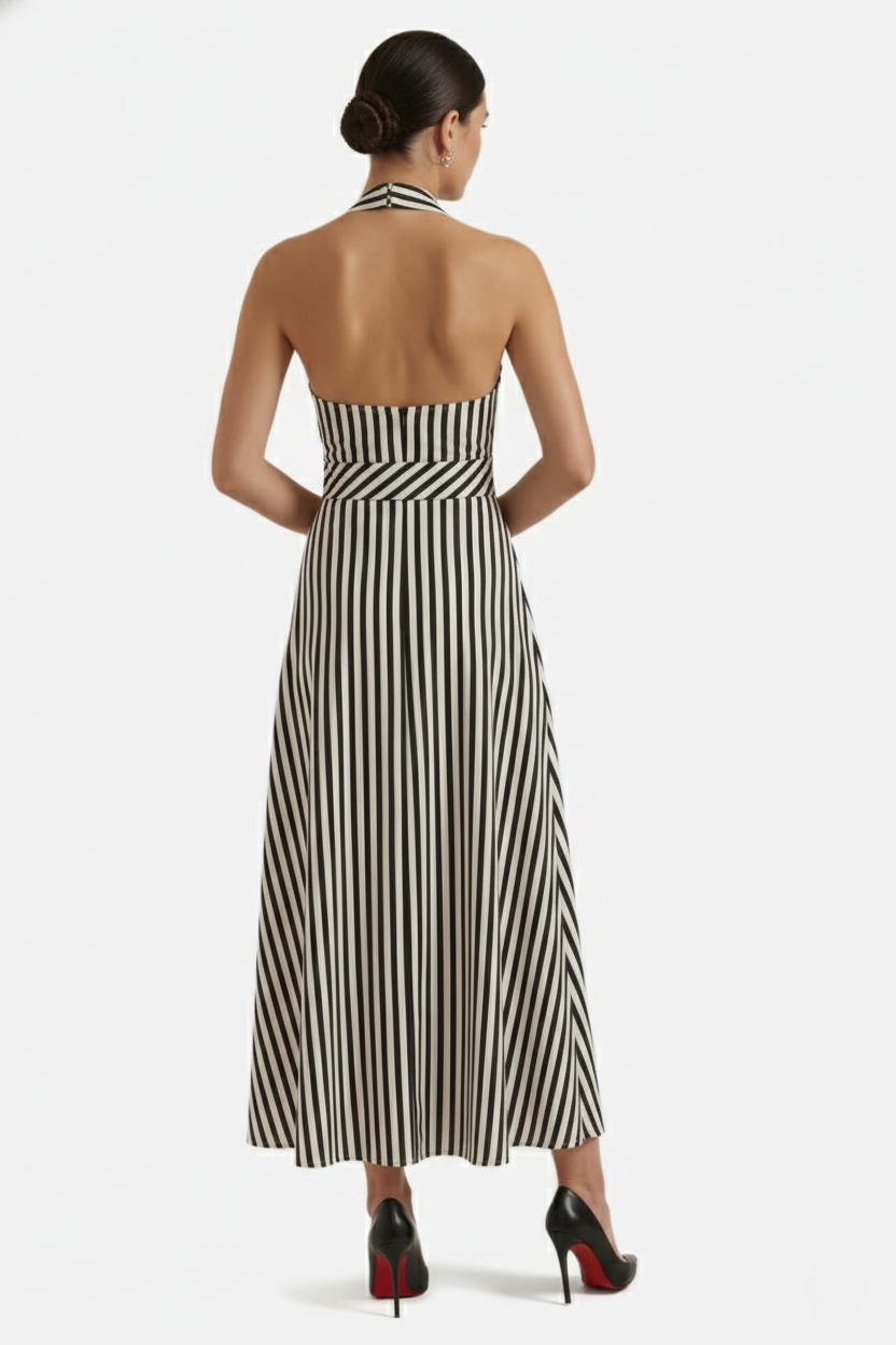 Womens Maxi Dress Halter Neck Striped Open Back