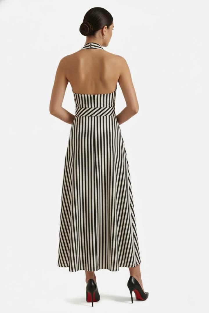 Womens Maxi Dress Halter Neck Striped Open Back