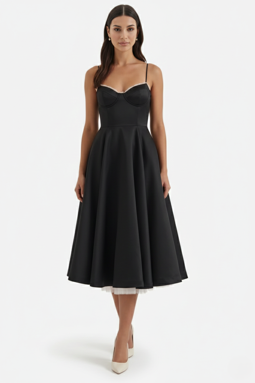 Womens Midi Dress Bustier Sweetheart Neckline Full Circle Tulle Hem
