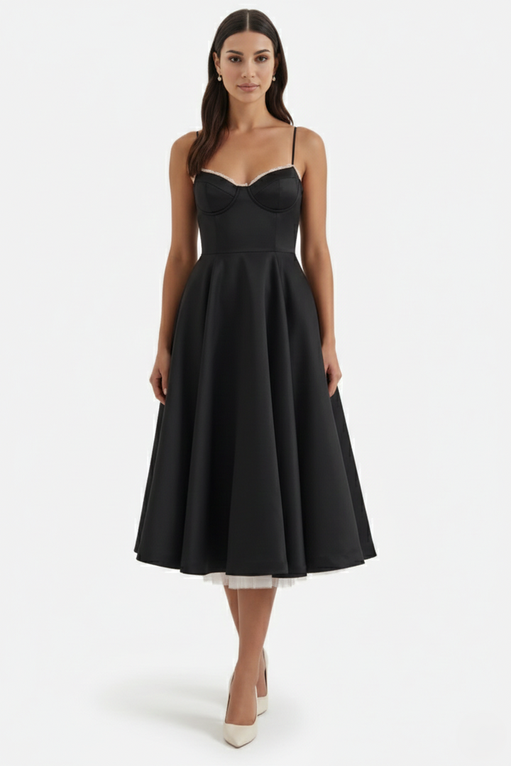 Womens Midi Dress Bustier Sweetheart Neckline Full Circle Tulle Hem