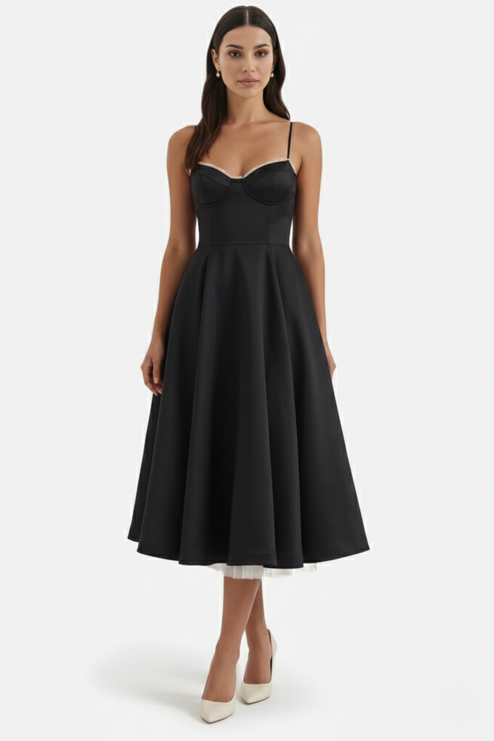 Womens Midi Dress Bustier Sweetheart Neckline Full Circle Tulle Hem
