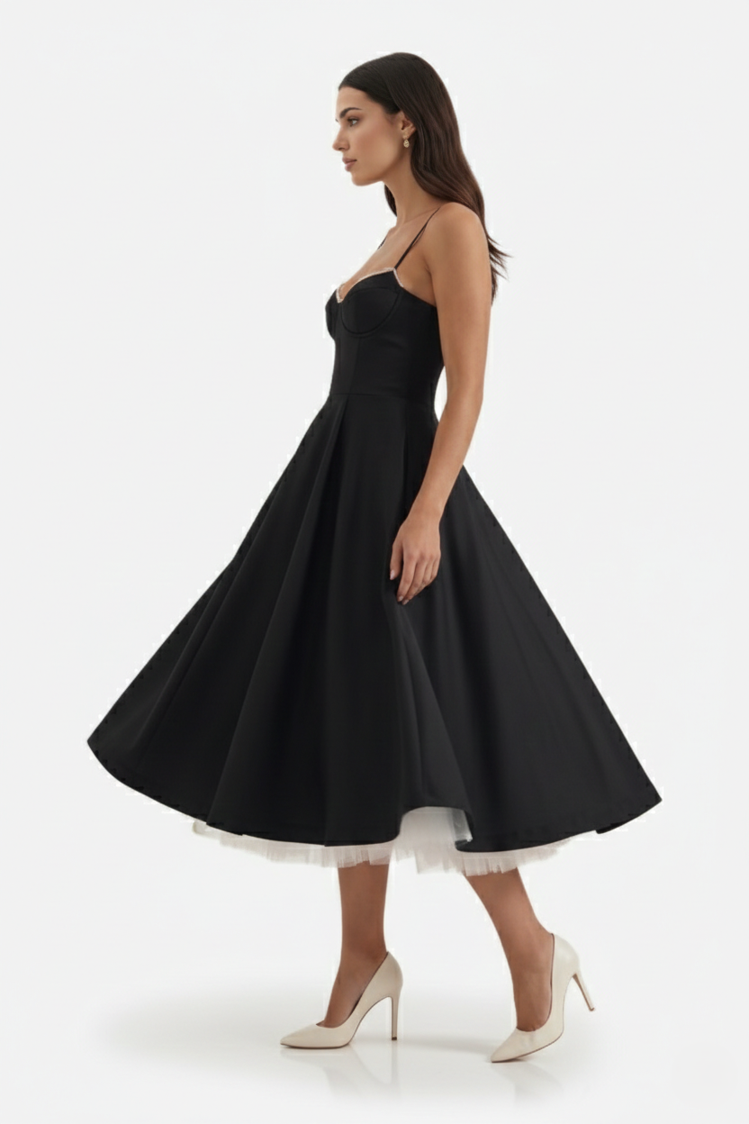 Womens Midi Dress Bustier Sweetheart Neckline Full Circle Tulle Hem