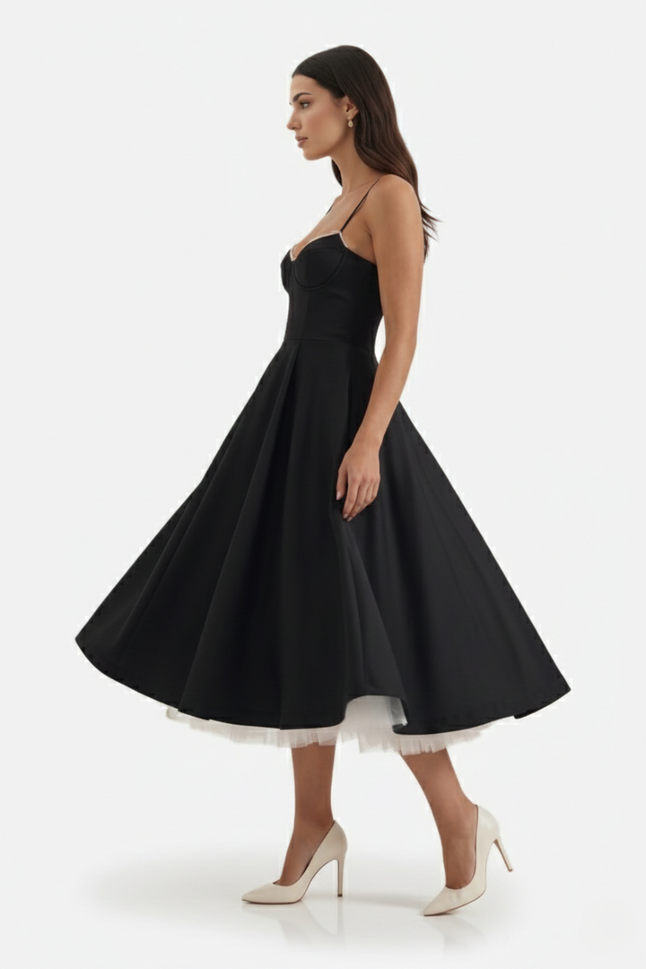 Womens Midi Dress Bustier Sweetheart Neckline Full Circle Tulle Hem