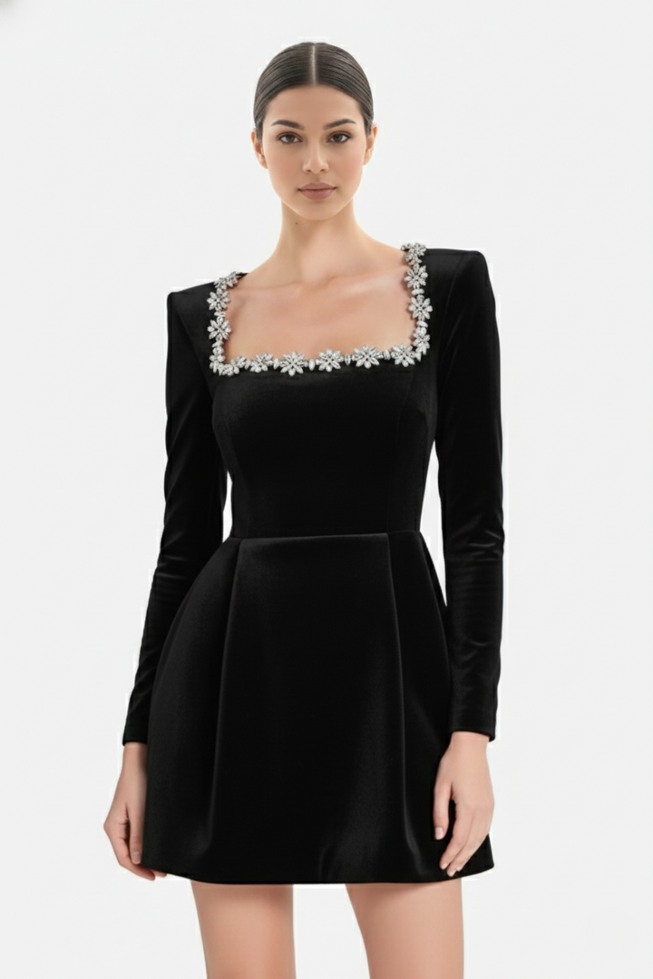 Womens Cocktail Dress Velvet Floral Embellished Long Sleeve - Clovrio