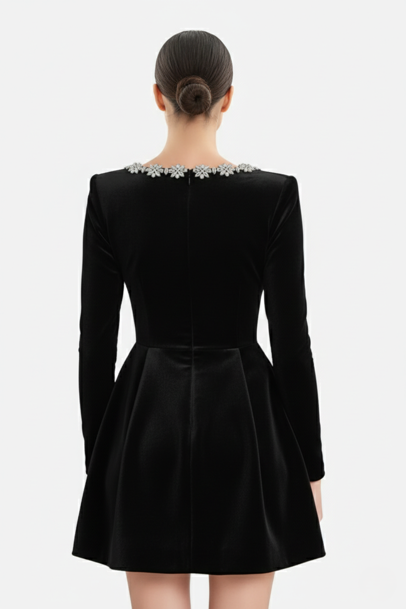 Womens Cocktail Dress Velvet Floral Embellished Long Sleeve