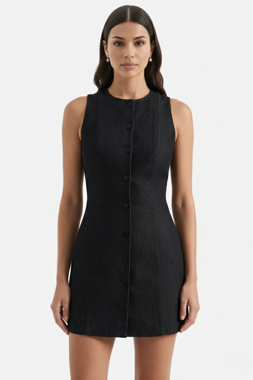 Womens Sleeveless Mini Sheath Dress Button-Front Round Neck