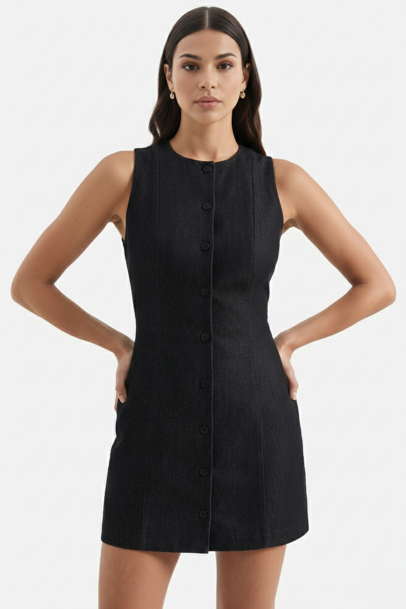 Womens Sleeveless Mini Sheath Dress Button-Front Round Neck
