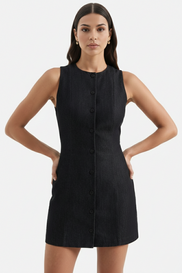 Womens Sleeveless Mini Sheath Dress Button-Front Round Neck