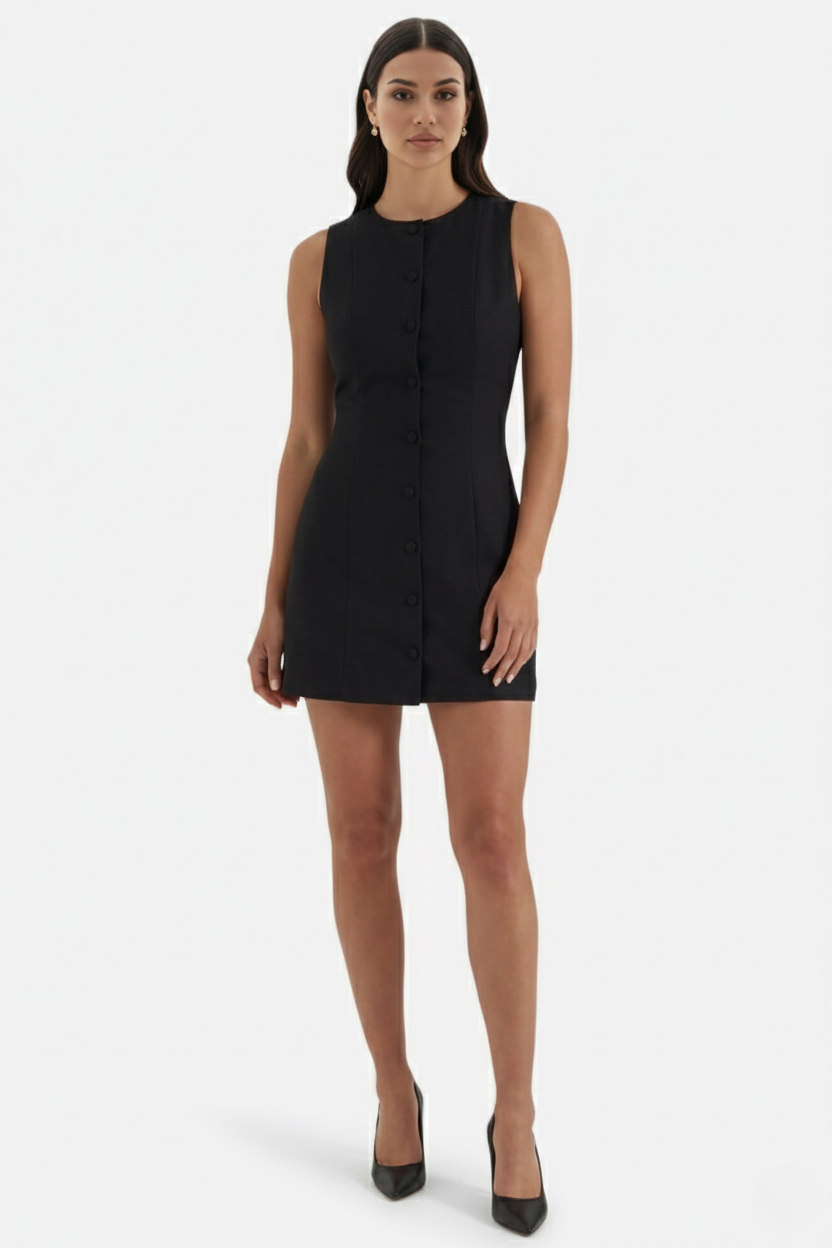 Womens Sleeveless Mini Sheath Dress Button-Front Round Neck
