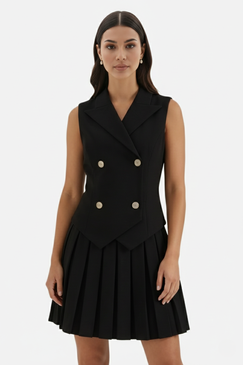 Womens Double-Breasted Waistcoat Dress Pleated Mini
