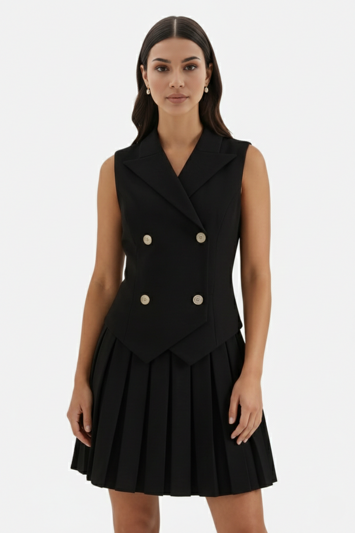Womens Double-Breasted Waistcoat Dress Pleated Mini