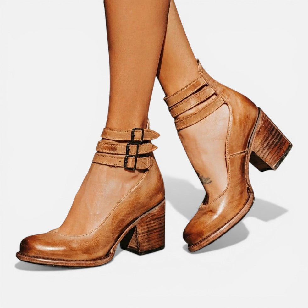 Women's Stylish Buckle Strap Leather Ankle Boots with Block Heel