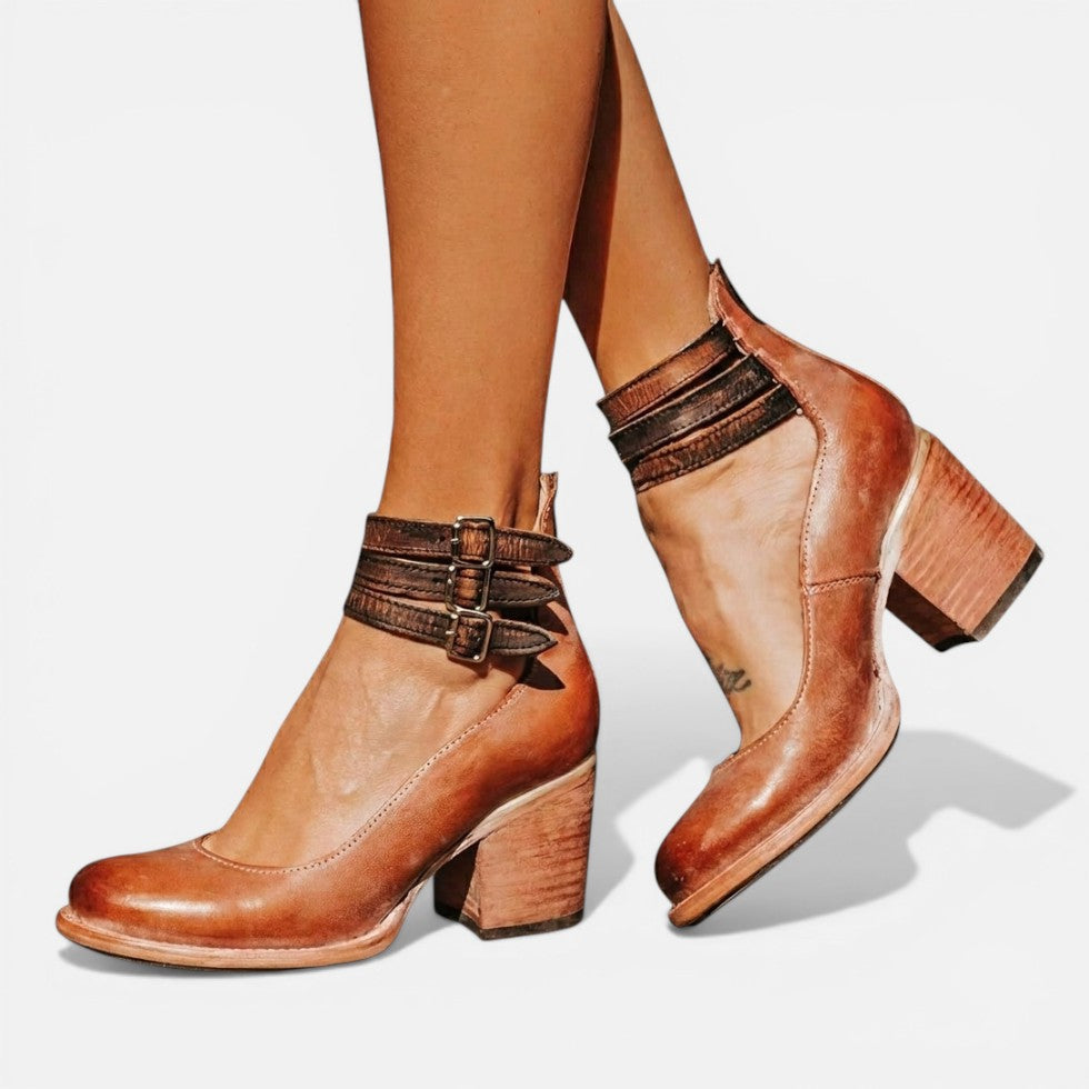 Women's Stylish Buckle Strap Leather Ankle Boots with Block Heel