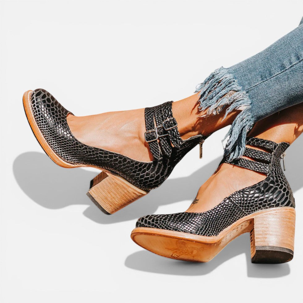 Women's Stylish Buckle Strap Leather Ankle Boots with Block Heel