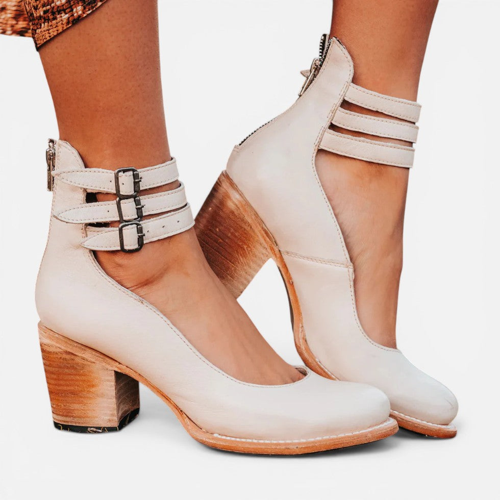 Women's Stylish Buckle Strap Leather Ankle Boots with Block Heel