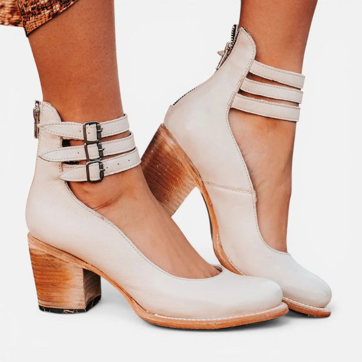 Women's Stylish Buckle Strap Leather Ankle Boots with Block Heel