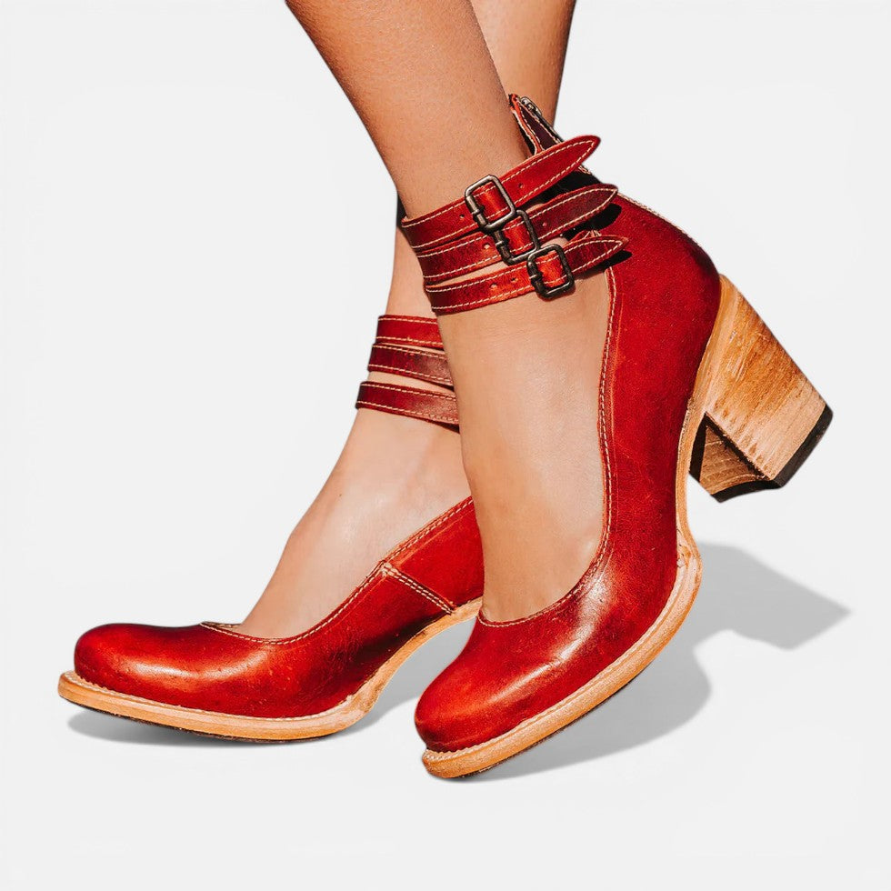 Women's Stylish Buckle Strap Leather Ankle Boots with Block Heel