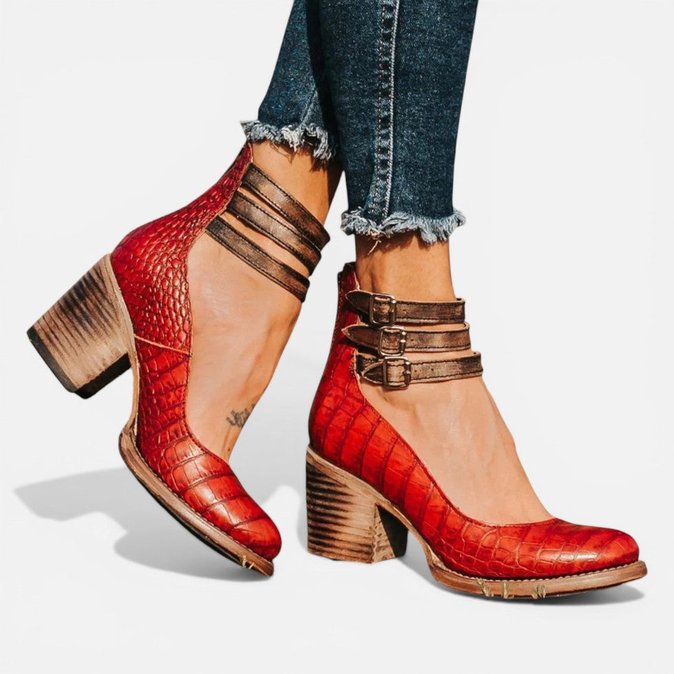Women's Stylish Buckle Strap Leather Ankle Boots with Block Heel