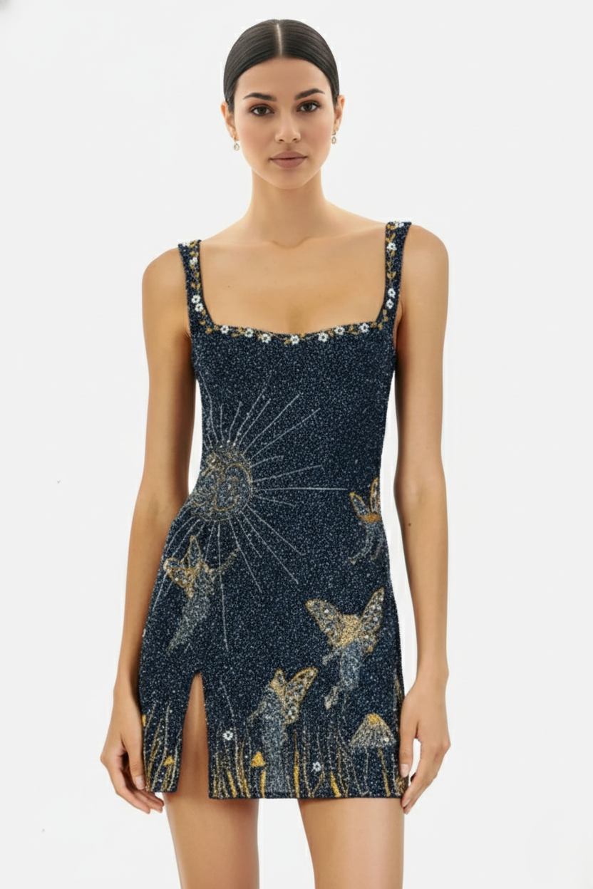 Womens Mini Dress Embroidered Square Neck with Slit - Clovrio