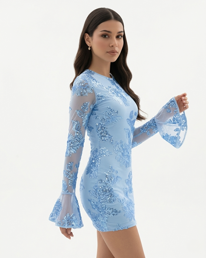 Womens Mini Dress Mesh Long Sleeve Open Back Flared Cuff