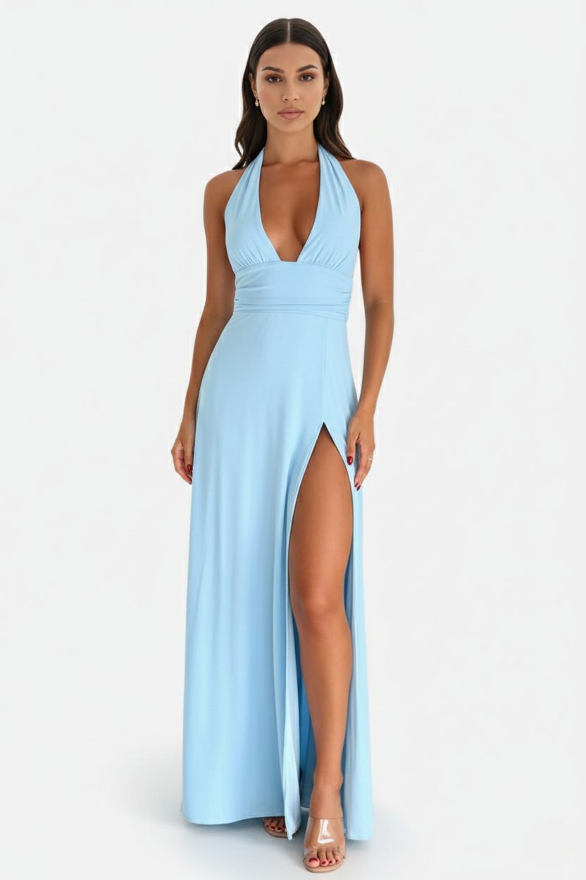 Womens Maxi Dress Halter V-Neck Cross Back High Thigh Slit