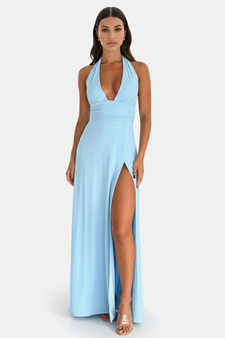 Womens Maxi Dress Halter V-Neck Cross Back High Thigh Slit