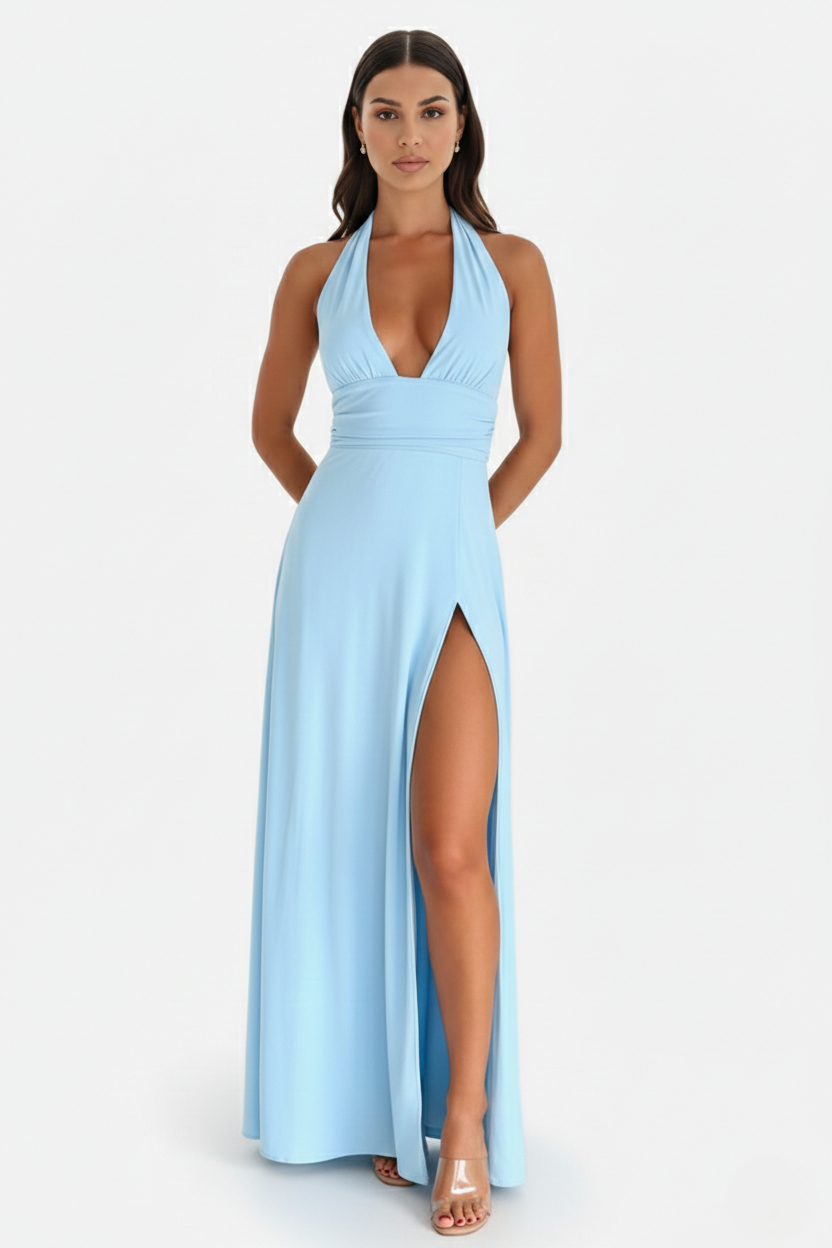 Womens Maxi Dress Halter V-Neck Cross Back High Thigh Slit