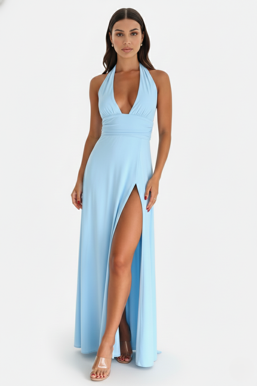 Womens Maxi Dress Halter V-Neck Cross Back High Thigh Slit