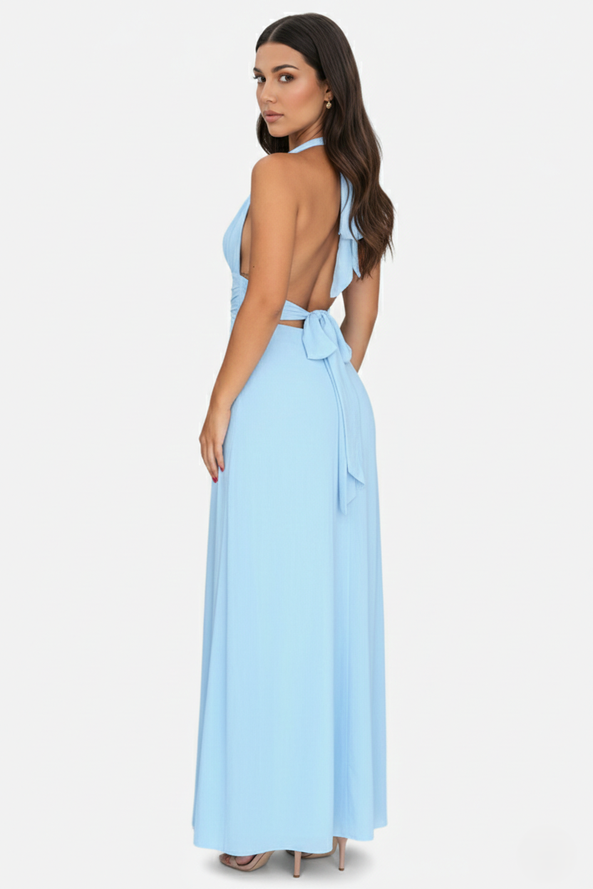 Womens Maxi Dress Halter V-Neck Cross Back High Thigh Slit