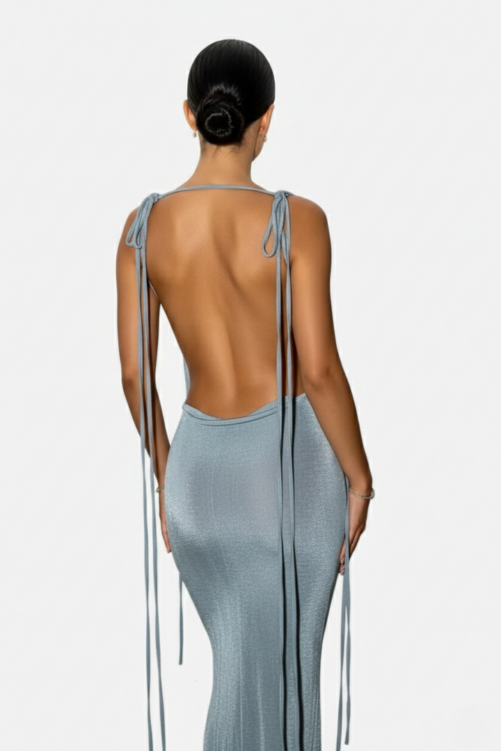 Womens Maxi Dress Spaghetti Strap Backless Tie Back