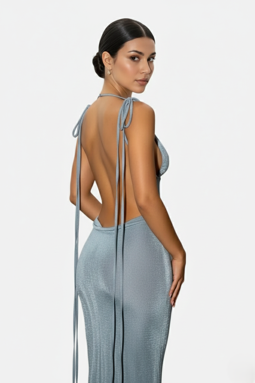 Womens Maxi Dress Spaghetti Strap Backless Tie Back