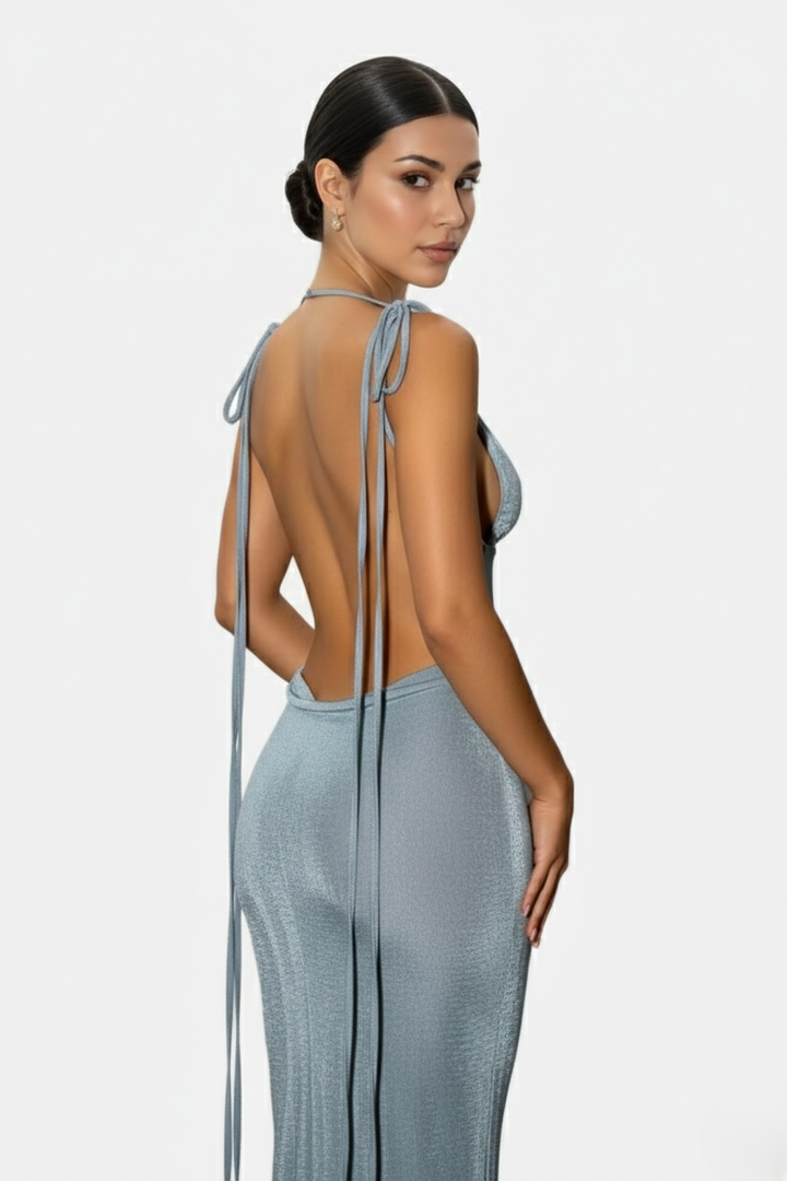 Womens Maxi Dress Spaghetti Strap Backless Tie Back