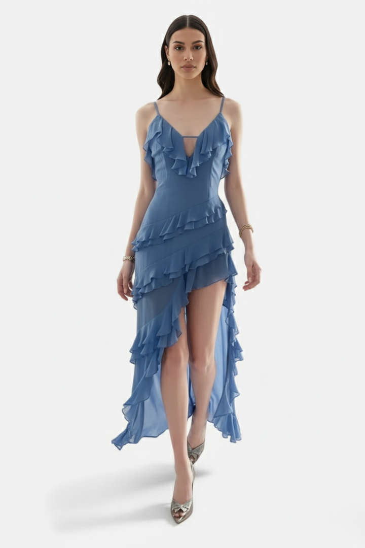 Womens Midi Dress Chiffon Asymmetric Tiered Ruffle Spaghetti Strap