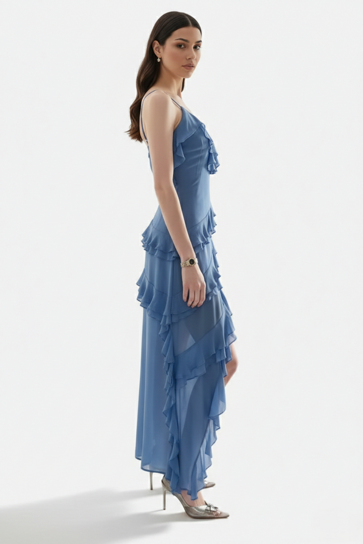 Womens Midi Dress Chiffon Asymmetric Tiered Ruffle Spaghetti Strap