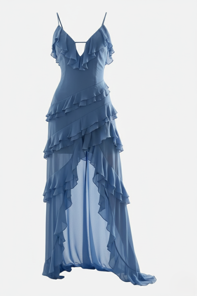 Womens Midi Dress Chiffon Asymmetric Tiered Ruffle Spaghetti Strap