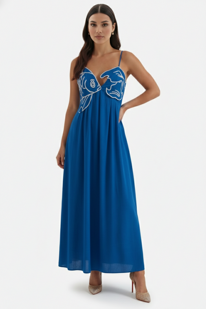 Womens Linen Dress Embroidered Bodice A-Line Spaghetti Straps