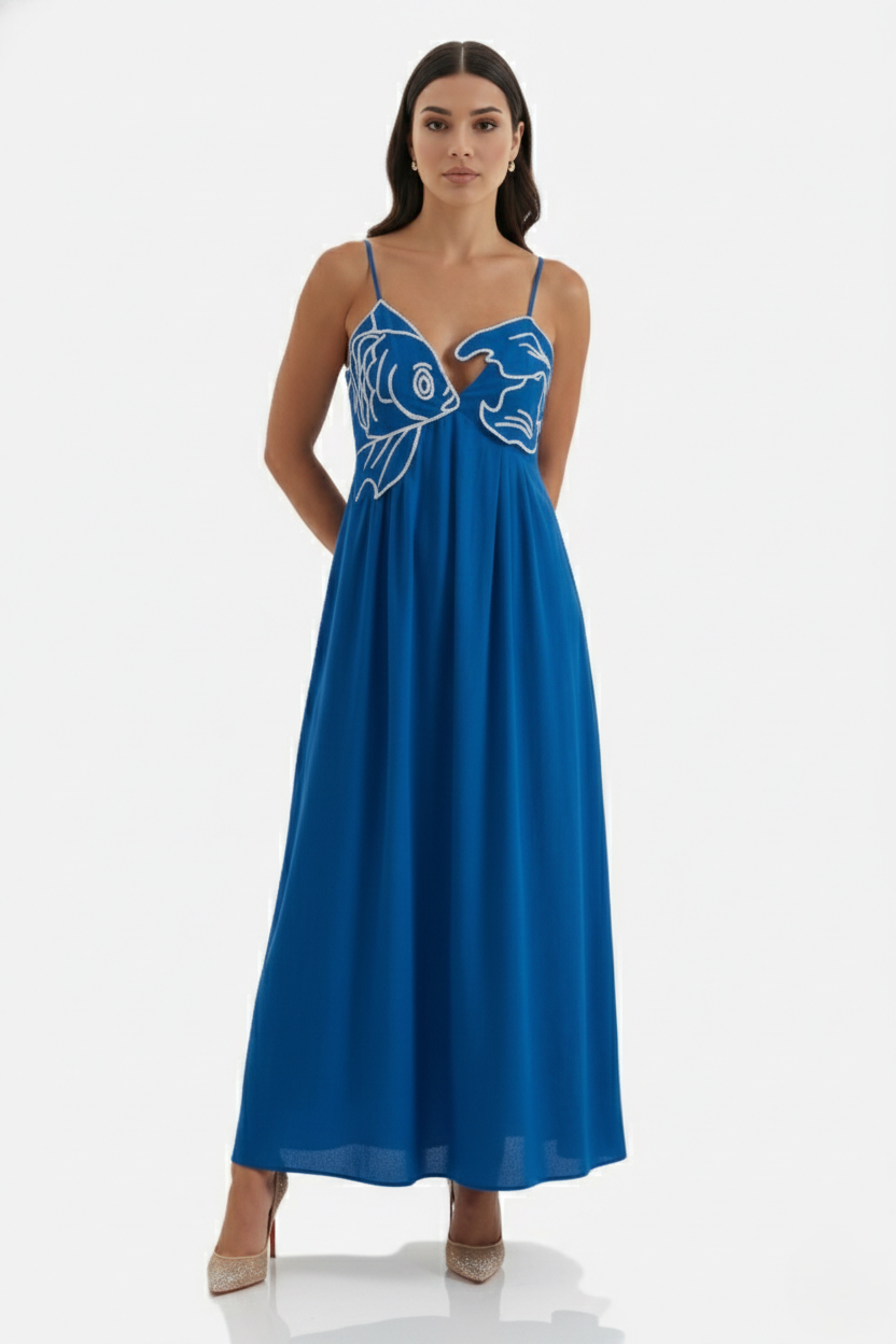 Womens Linen Dress Embroidered Bodice A-Line Spaghetti Straps