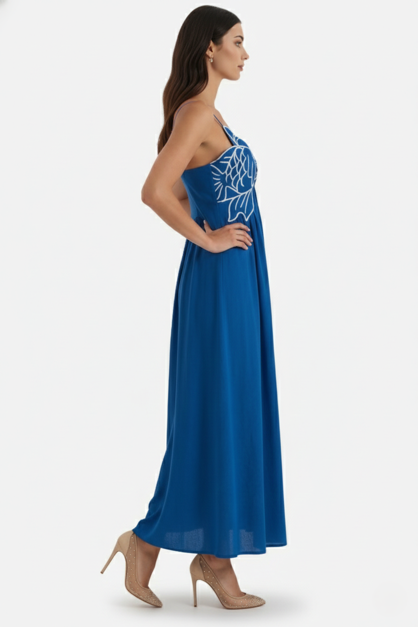 Womens Linen Dress Embroidered Bodice A-Line Spaghetti Straps