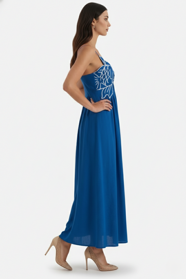 Womens Linen Dress Embroidered Bodice A-Line Spaghetti Straps