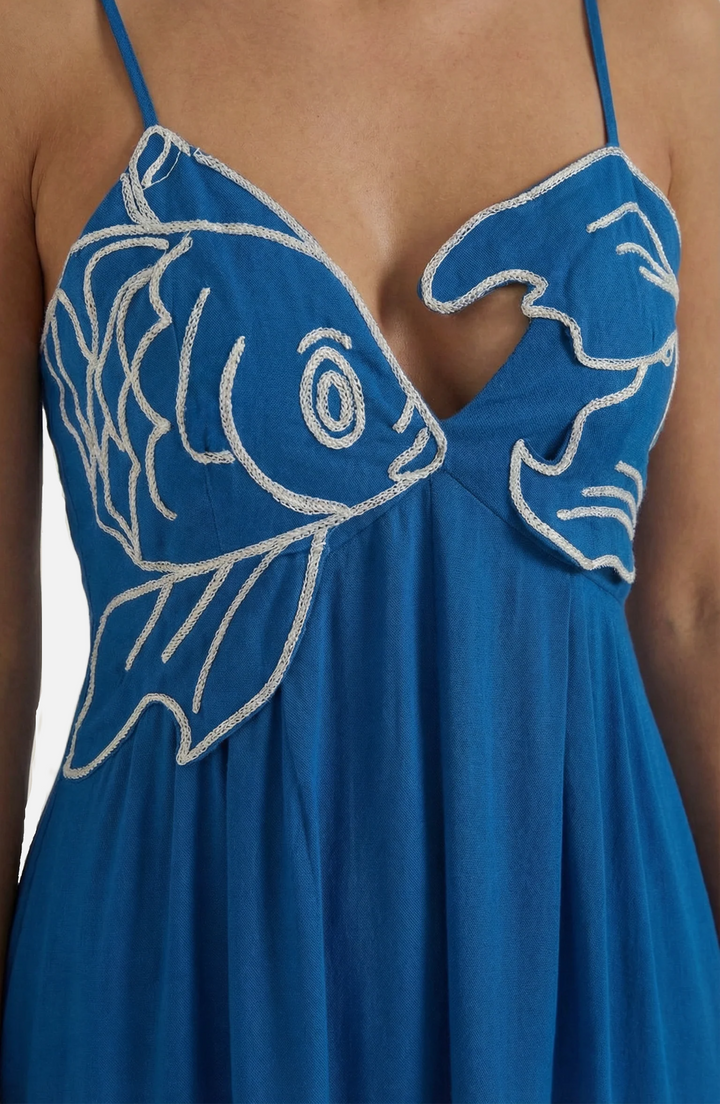 Womens Linen Dress Embroidered Bodice A-Line Spaghetti Straps