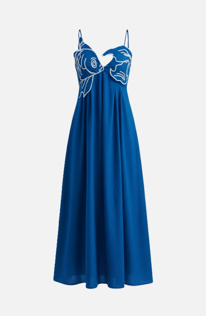 Womens Linen Dress Embroidered Bodice A-Line Spaghetti Straps